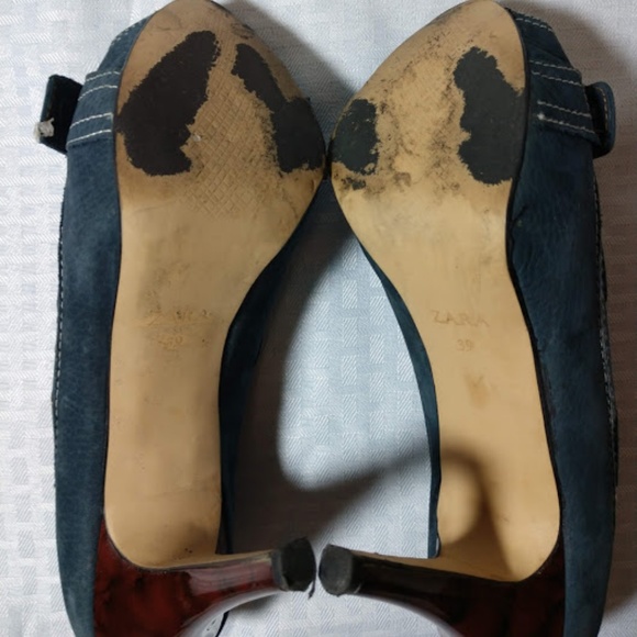 Zara Woman Blue Suede Open Toe Heels - Picture 7 of 8